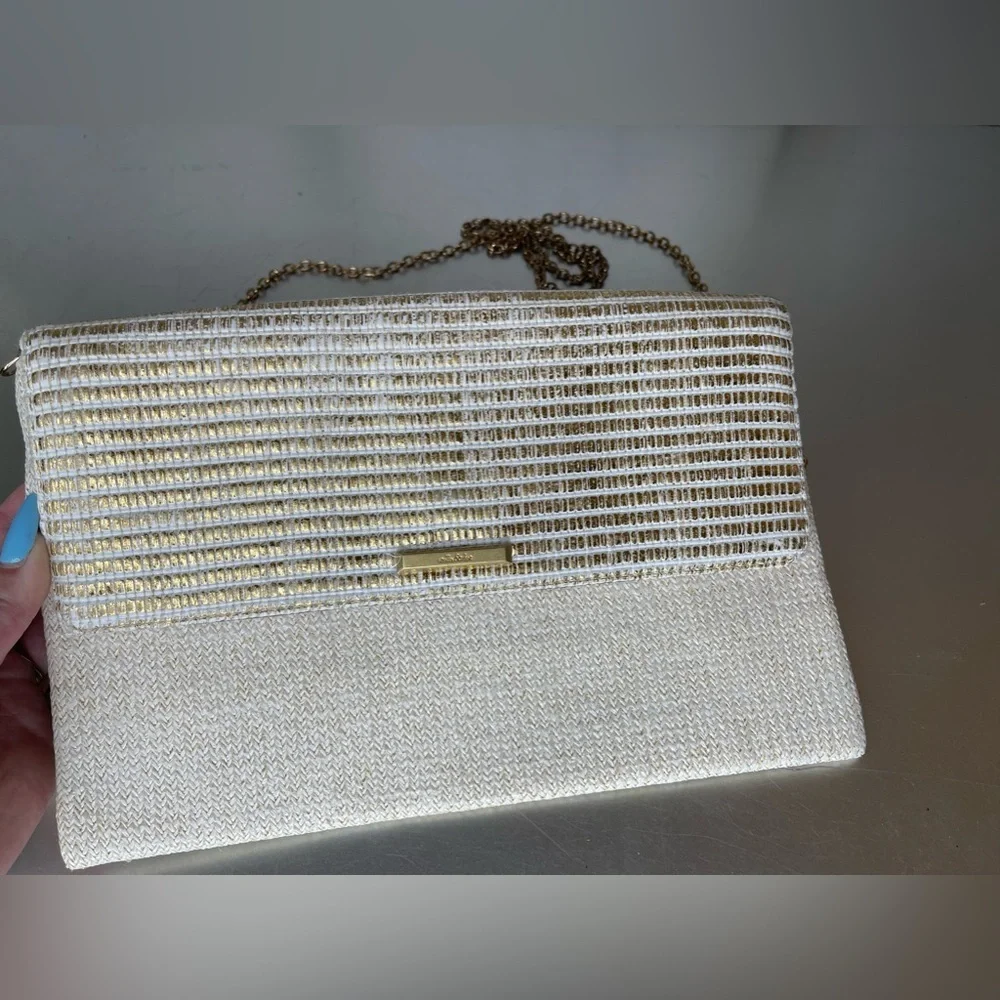 Stella & Dot Metallic Envelope Clutch Bag Chain Strap Compact Wallet On A Chain